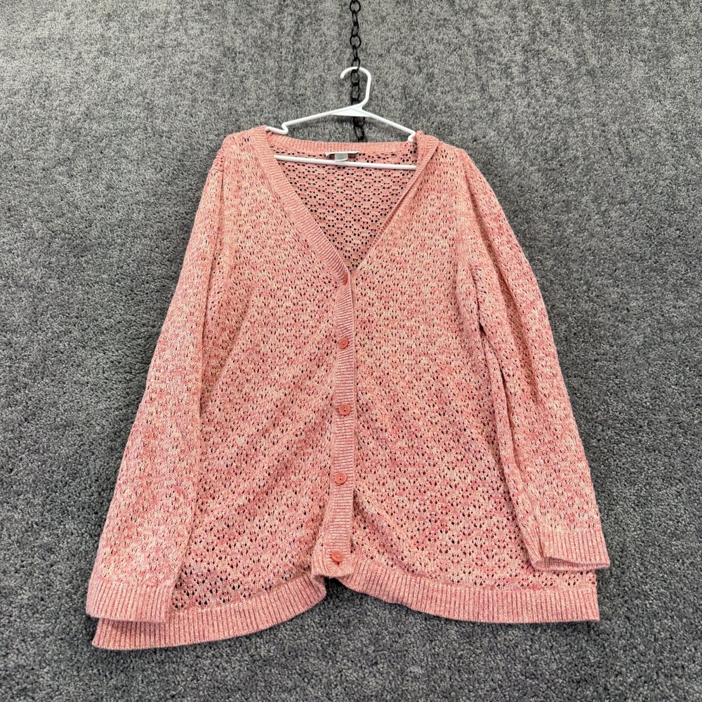 cj banks Cardigan Womens 2X Pink Pointelle Knit 100% Cotton Button Front V-Neck
